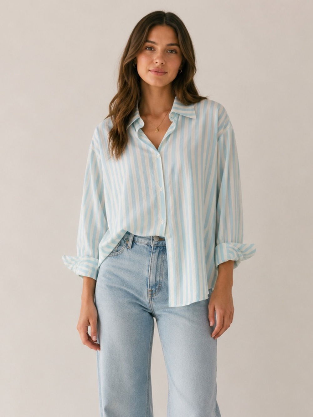 Jilly Box Blue Off White Striped Oversized Cotton Button Down Shirt XL Coastal
